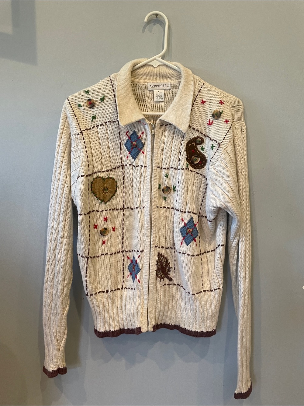 Vintage beige zip up cardigan sweater country charm